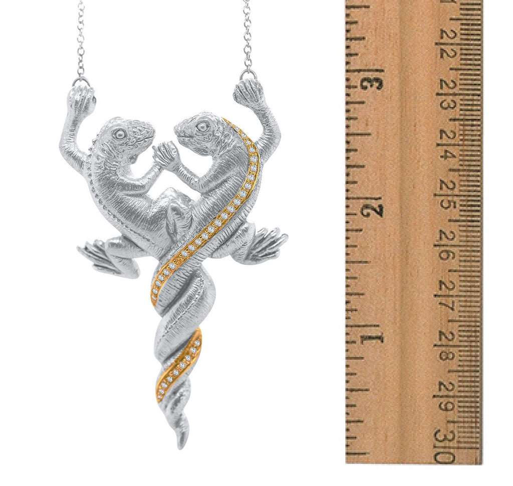 Lizards in Love Necklace: Diamonds in Solid 18K Gold & Sterling Silver. Love is Everywhere