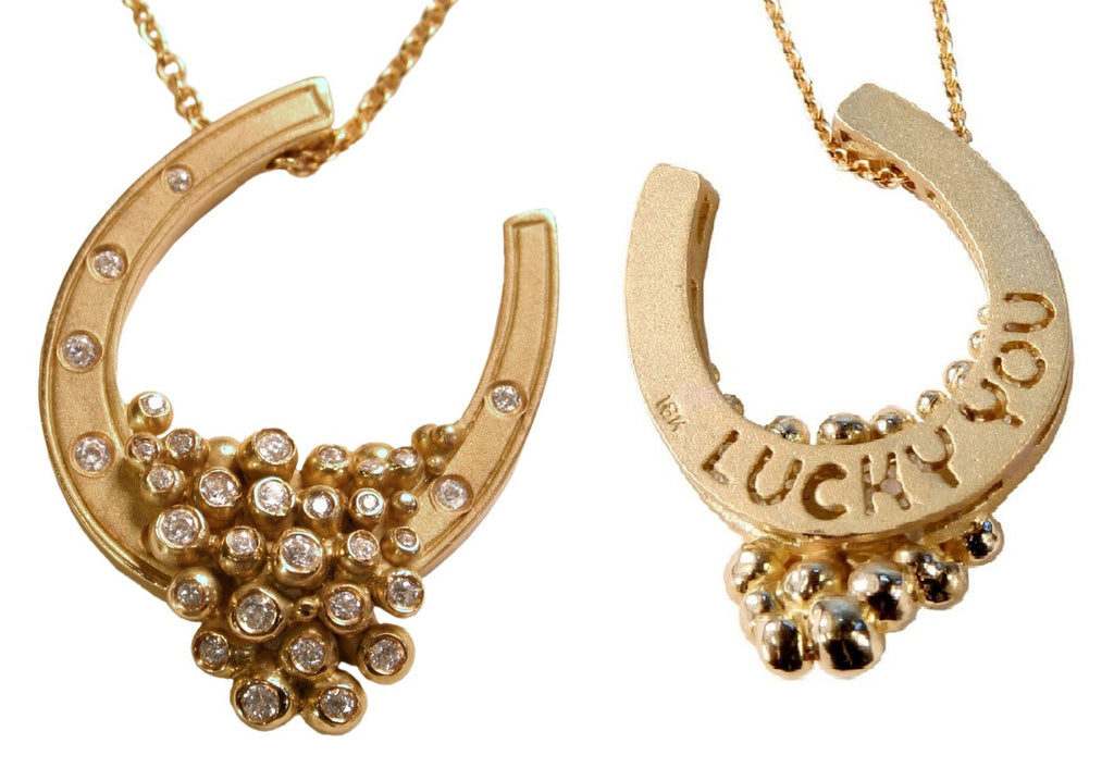 "Lucky You" Equestrian Horseshoe Necklace, 18K Gold, Overflowing with Diamonds.