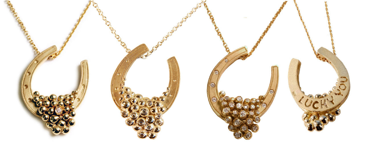 "Lucky You" Equestrian Horseshoe Necklace. 14K Gold. Half filled with Diamonds
