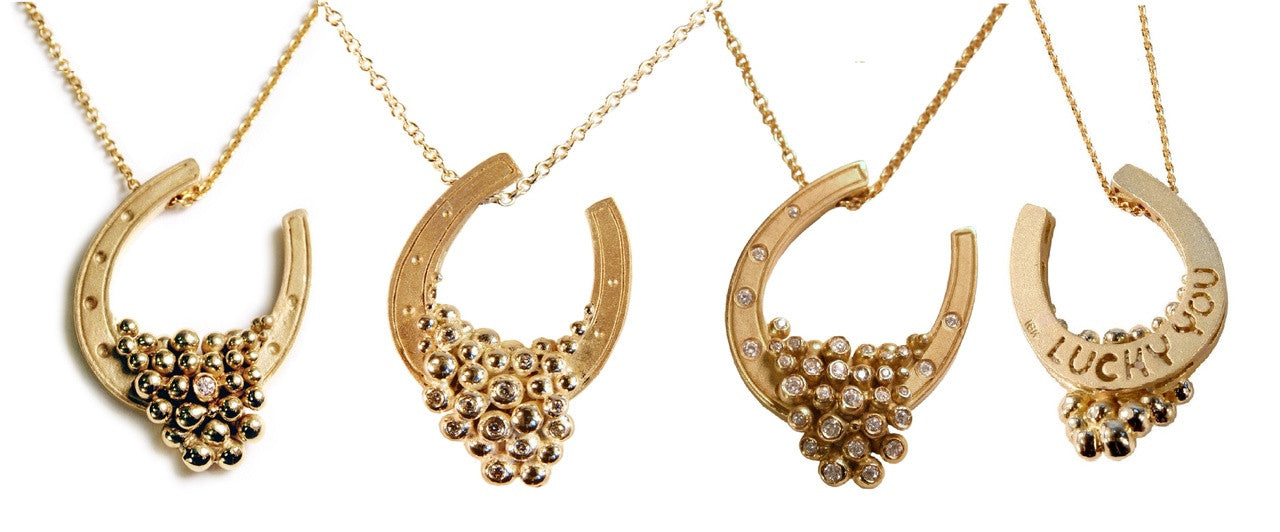 "Lucky You" Equestrian Horseshoe Necklace. 14K Gold. Half filled with Diamonds