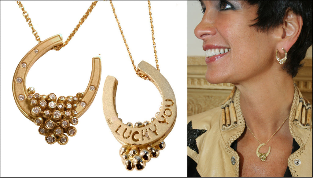 "Lucky You" Equestrian Horseshoe Necklace. 14K Gold. Half filled with Diamonds