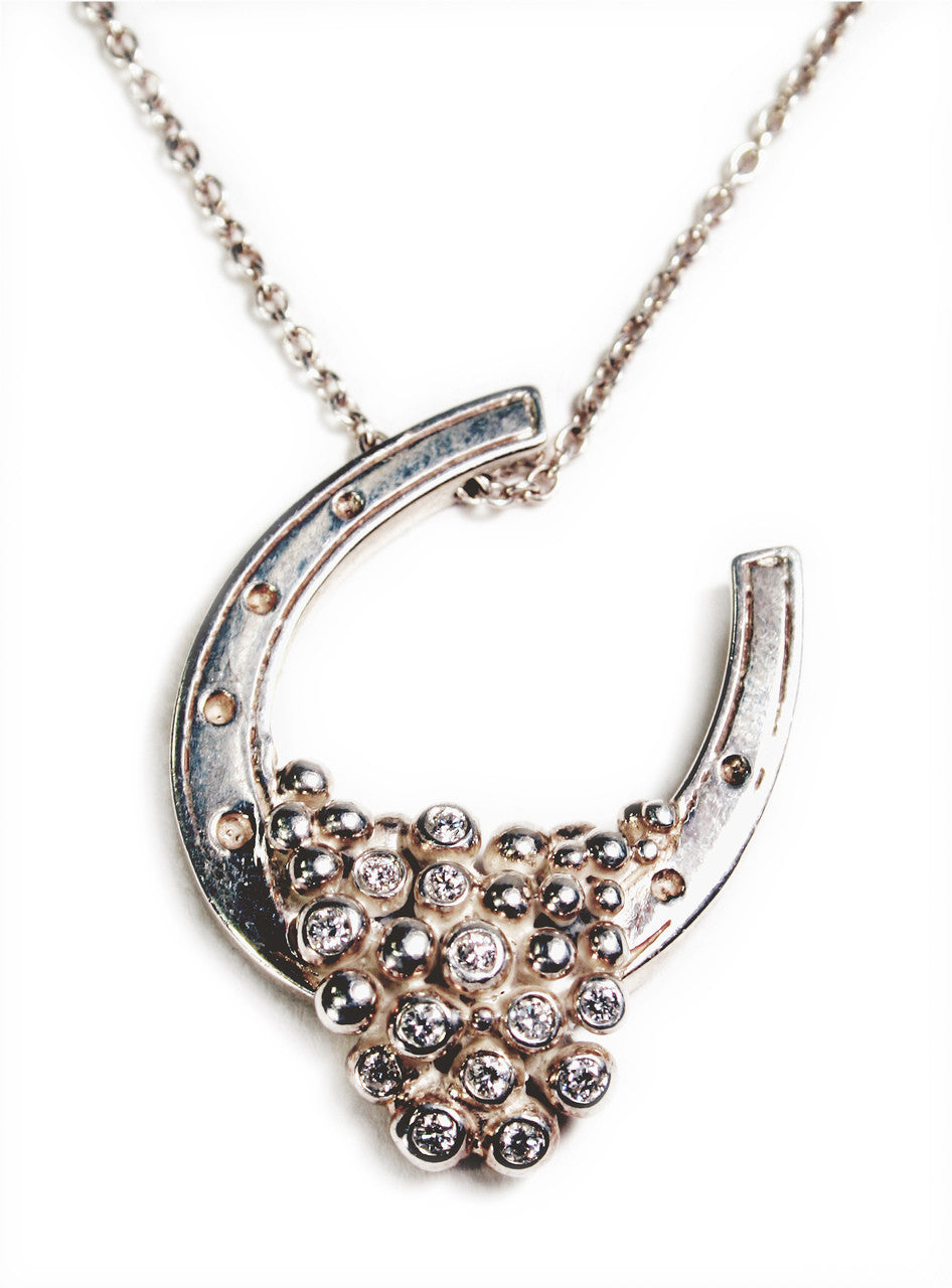 "Lucky You" Equestrian Horseshoe Necklace. 14K Gold. Half filled with Diamonds