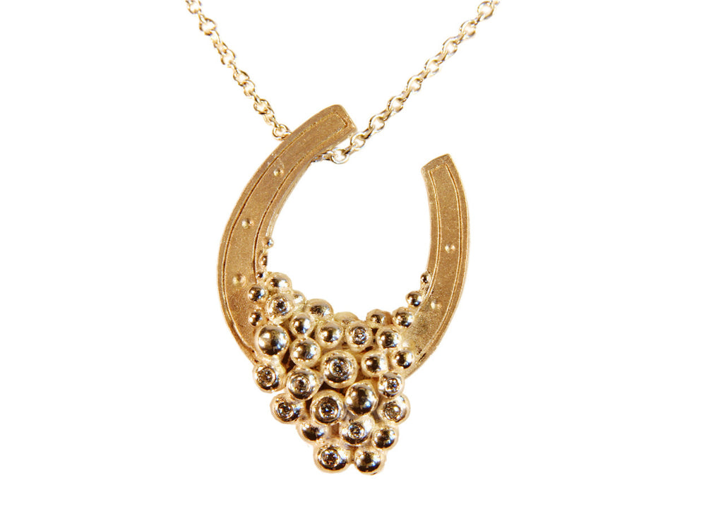"Lucky You" Equestrian Horseshoe Necklace. 14K Gold. Half filled with Diamonds