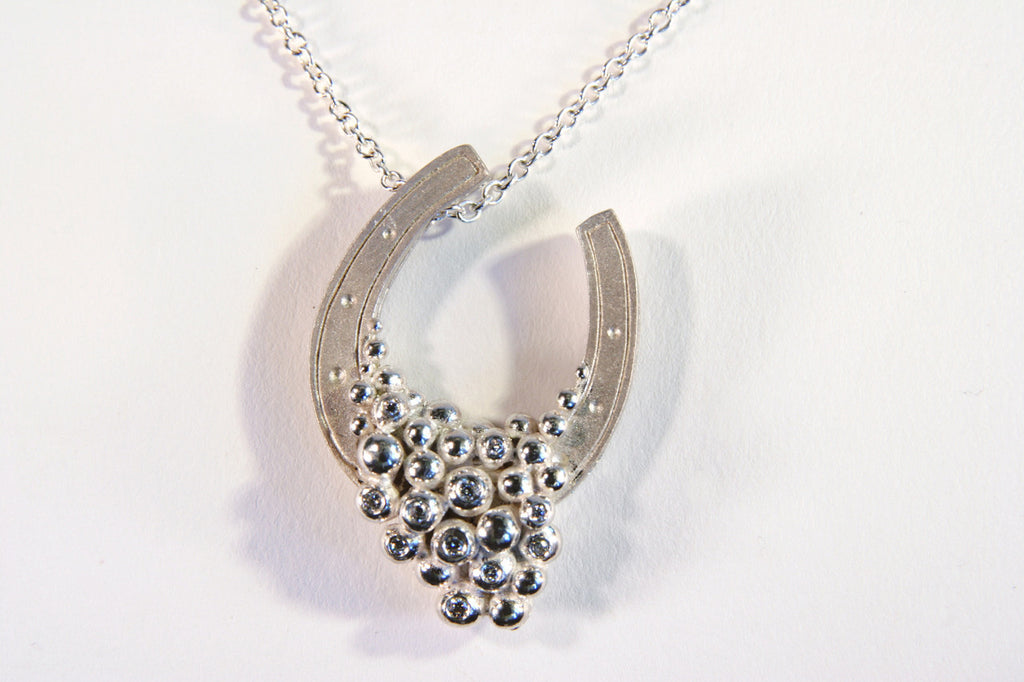 "Lucky You" Equestrian Horseshoe Necklace. 14K Gold. Half filled with Diamonds