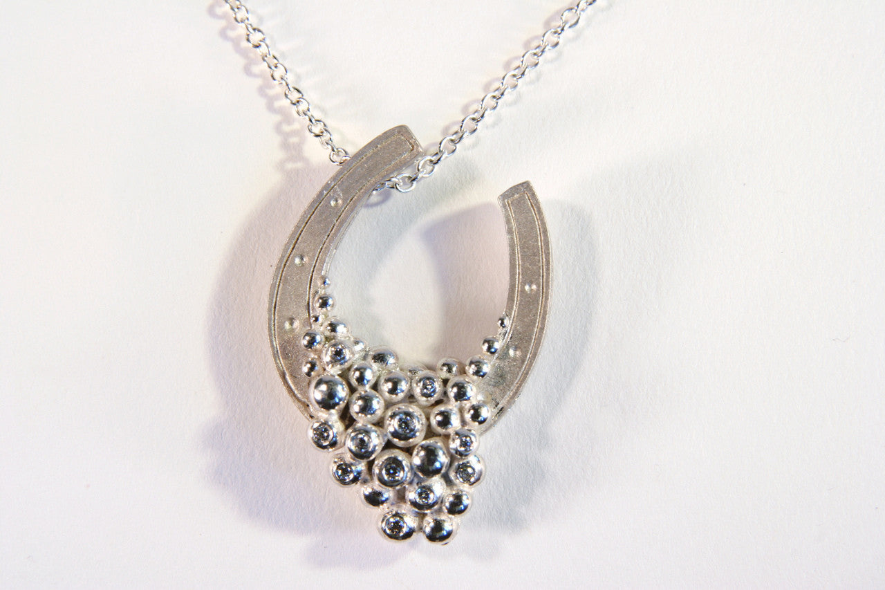 "Lucky You" Equestrian Horseshoe Necklace. 14K Gold. Half filled with Diamonds