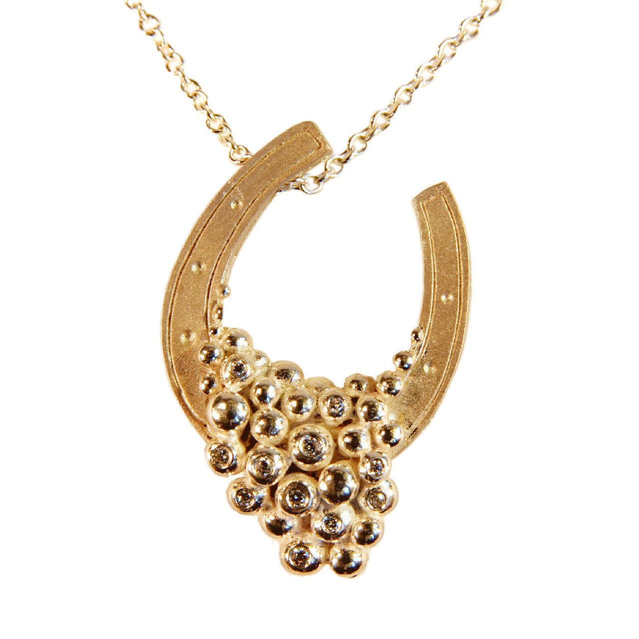 "Lucky You" Equestrian Horseshoe Necklace. 14K Gold. Half filled with Diamonds