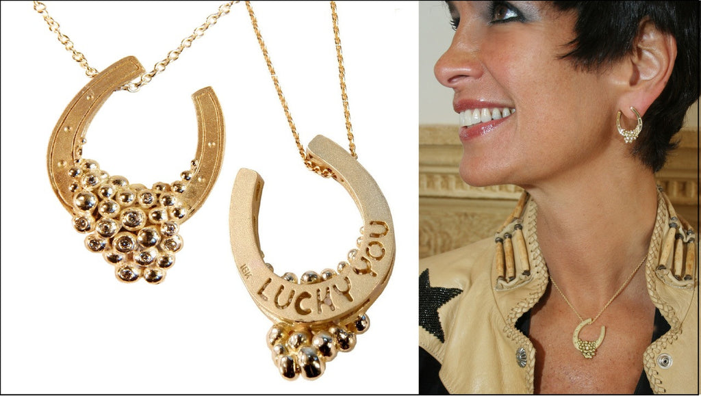 "Lucky You" Equestrian Horseshoe Necklace. 14K Gold. Half filled with Diamonds