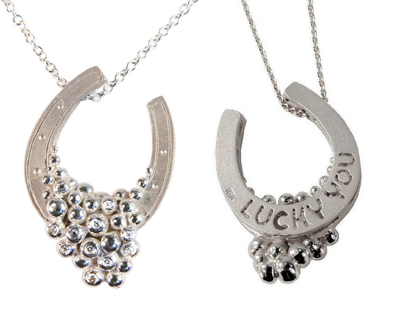 "Lucky You" Equestrian Horseshoe Necklace. 14K Gold. Half filled with Diamonds