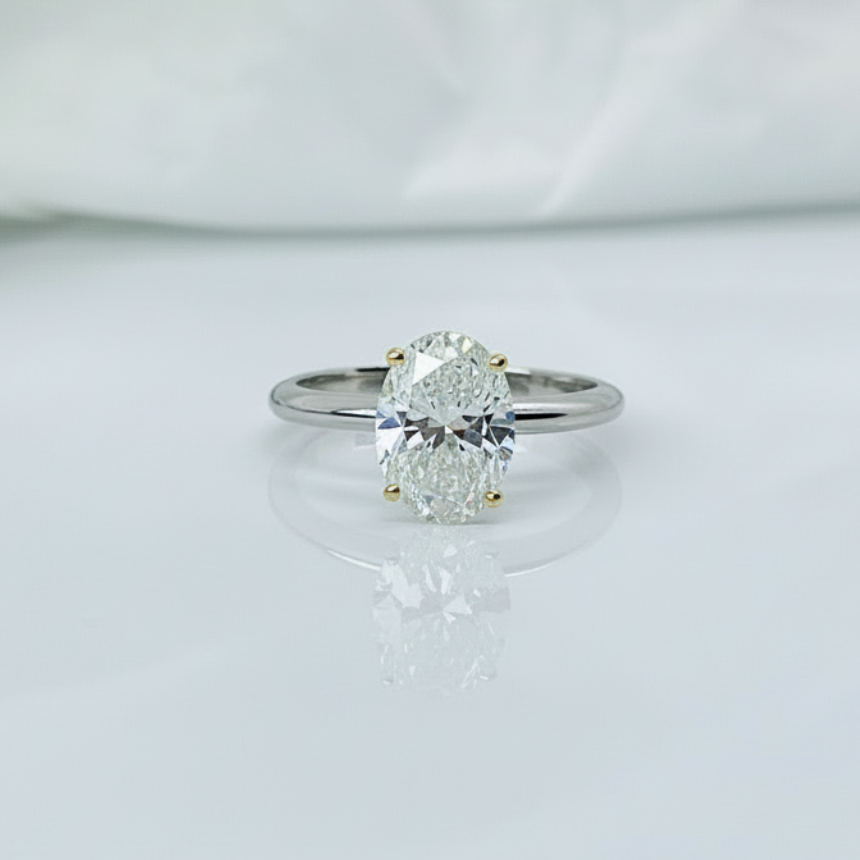 Two Tone Oval Cut 14K Solid Gold Solitaire Diamond Engagement Ring