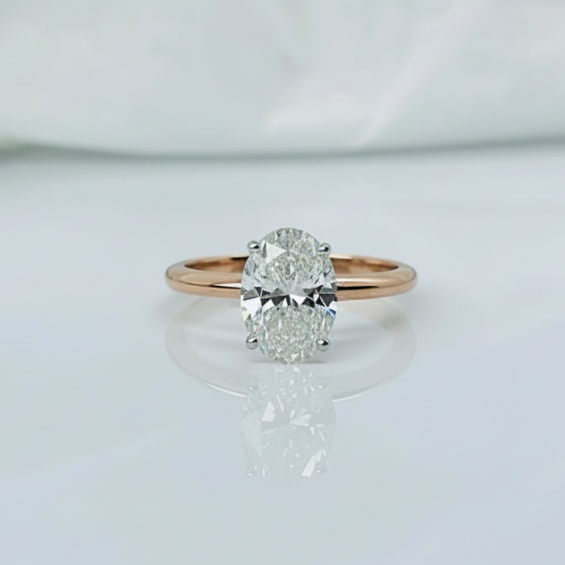 Two Tone Oval Cut 14K Solid Gold Solitaire Diamond Engagement Ring