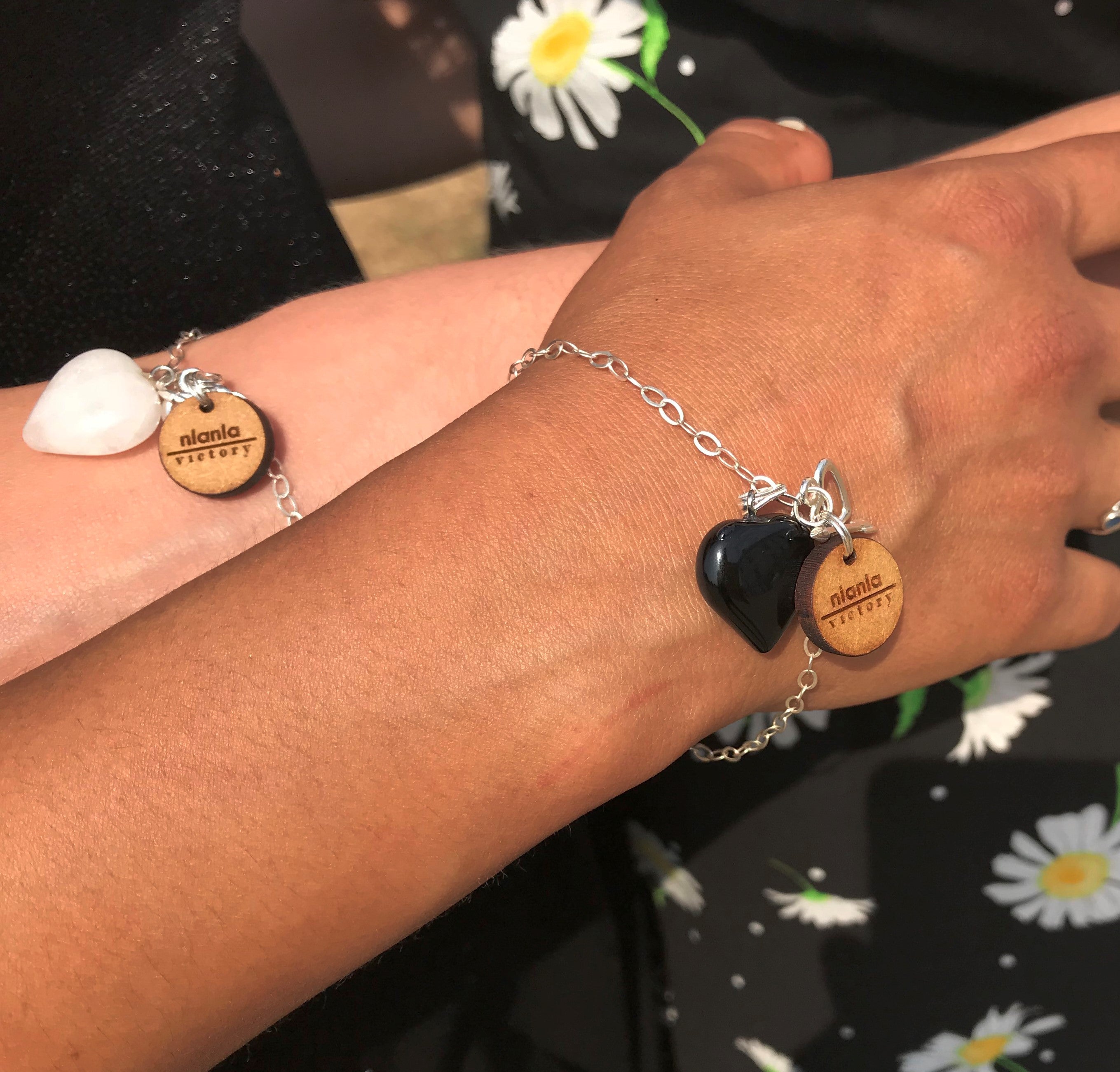 Black Onyx Bracelet, Sterling Silver Heart Bracelet, Heart Charm Bracelet | by nlanlaVictory