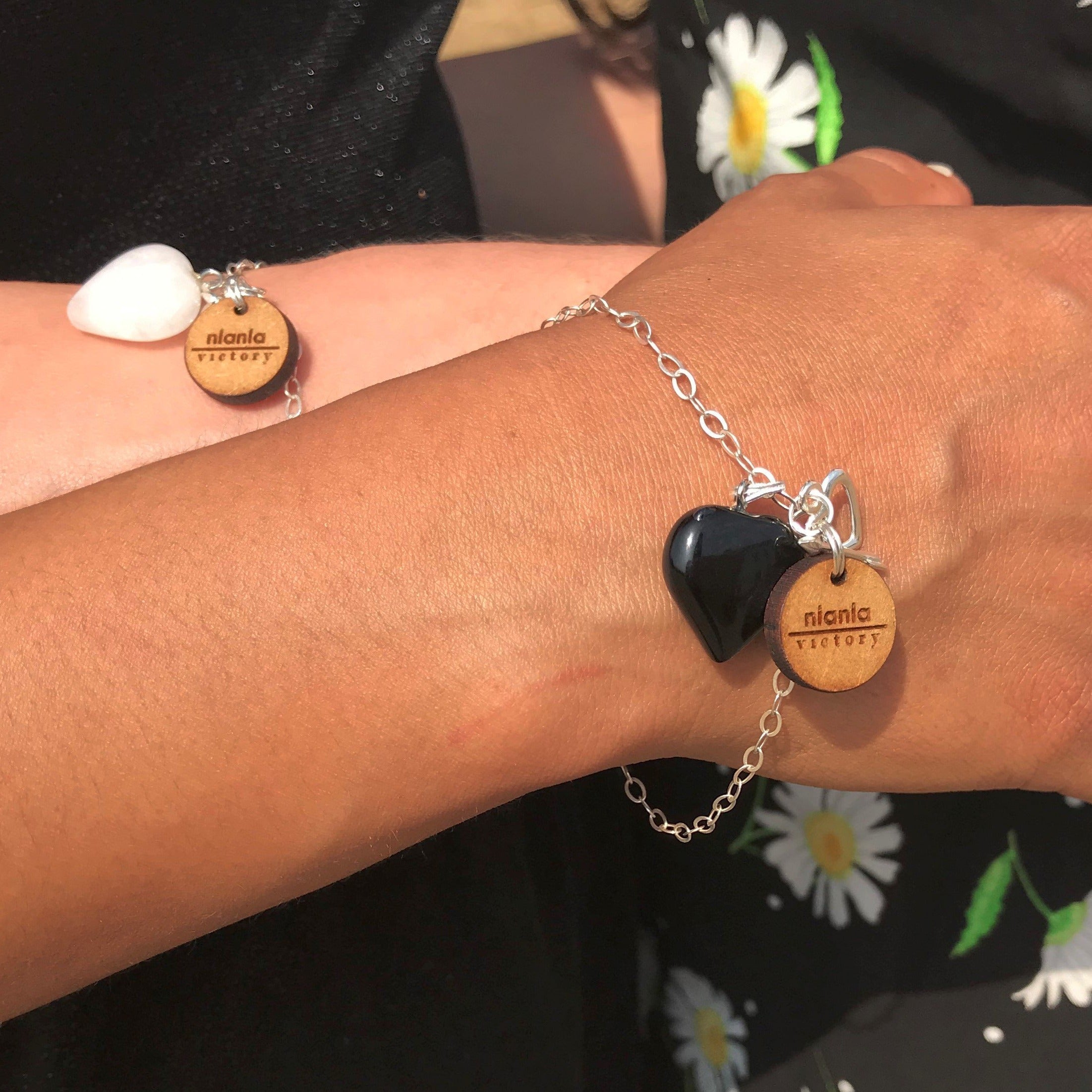 Black Onyx Bracelet, Sterling Silver Heart Bracelet, Heart Charm Bracelet | by nlanlaVictory