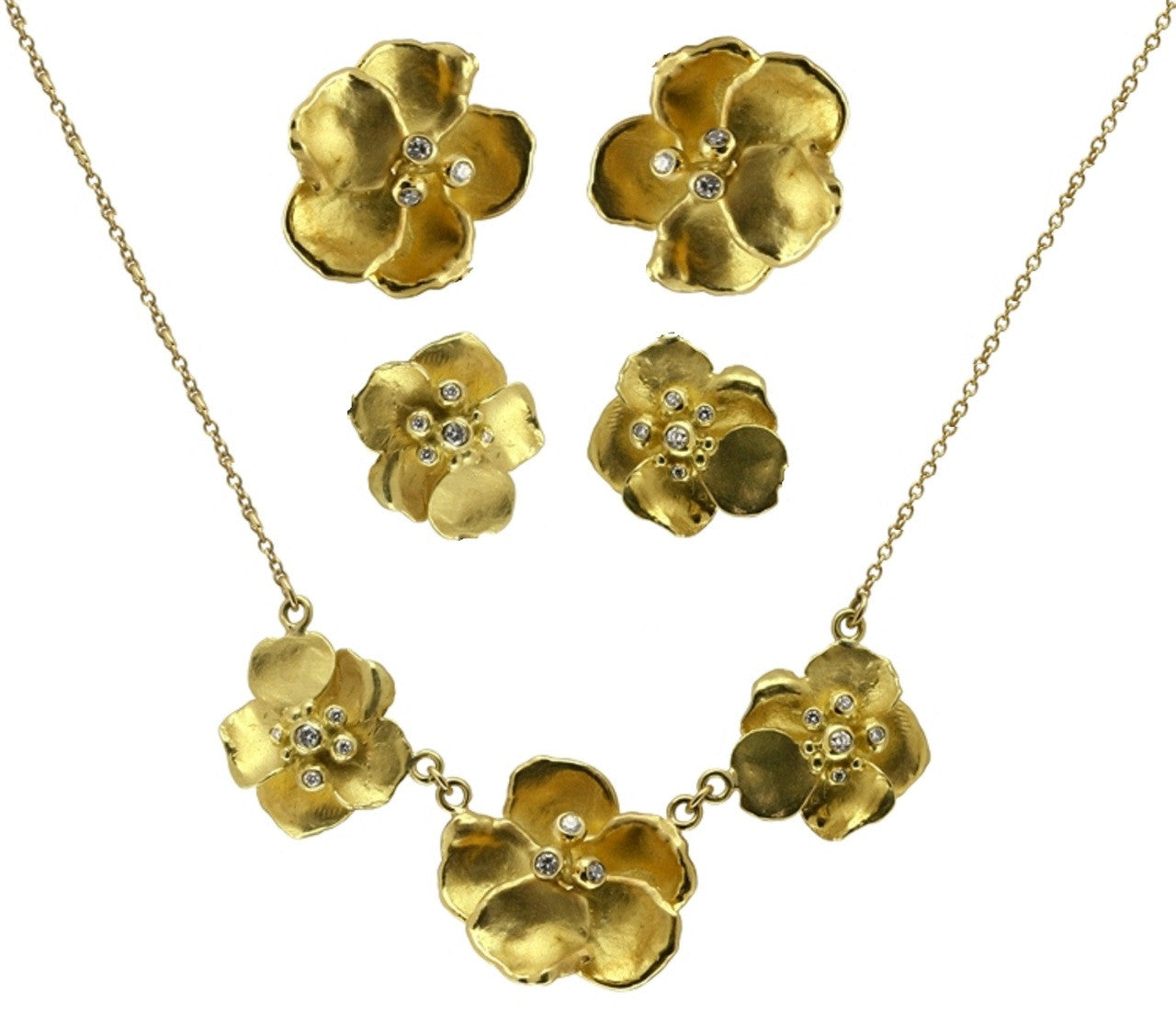 Metal Petals- Three Pansy Necklace-18K Gold with Diamond Center