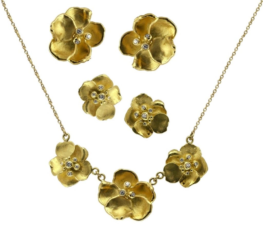 Metal Petals- Three Pansy Necklace-14K Gold with Diamond Center