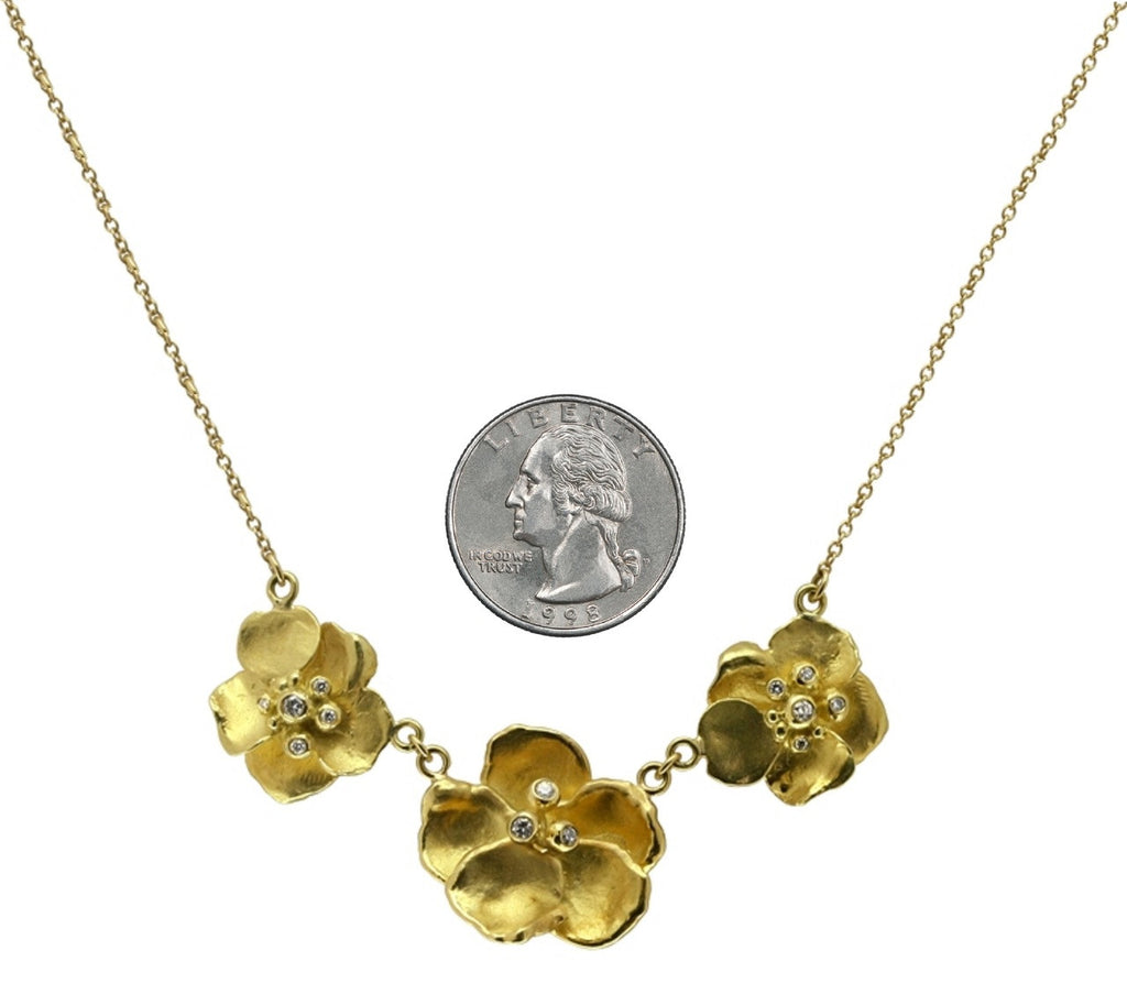 Metal Petals- Three Pansy Necklace-18K Gold with Diamond Center
