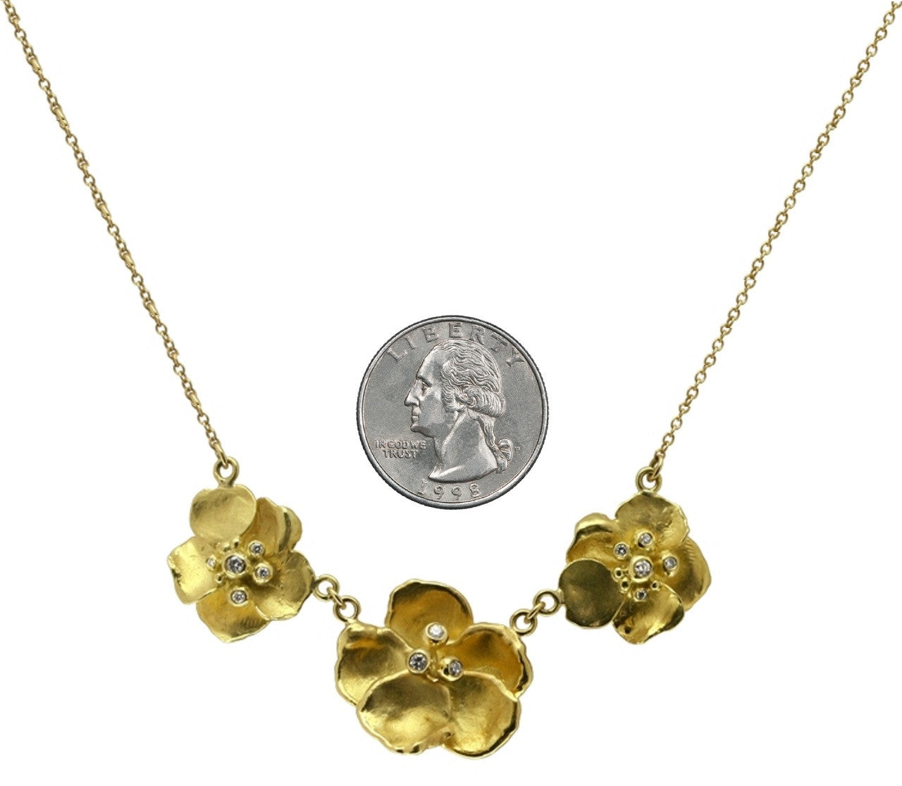 Metal Petals- Three Pansy Necklace-14K Gold with Diamond Center