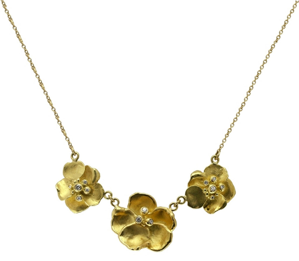 Metal Petals- Three Pansy Necklace-14K Gold with Diamond Center