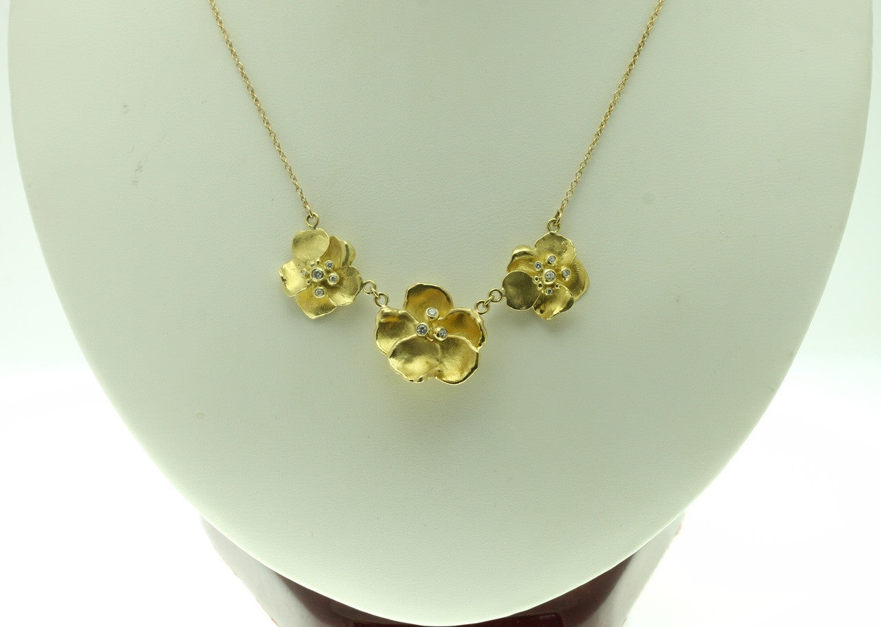Metal Petals- Three Pansy Necklace-14K Gold with Diamond Center