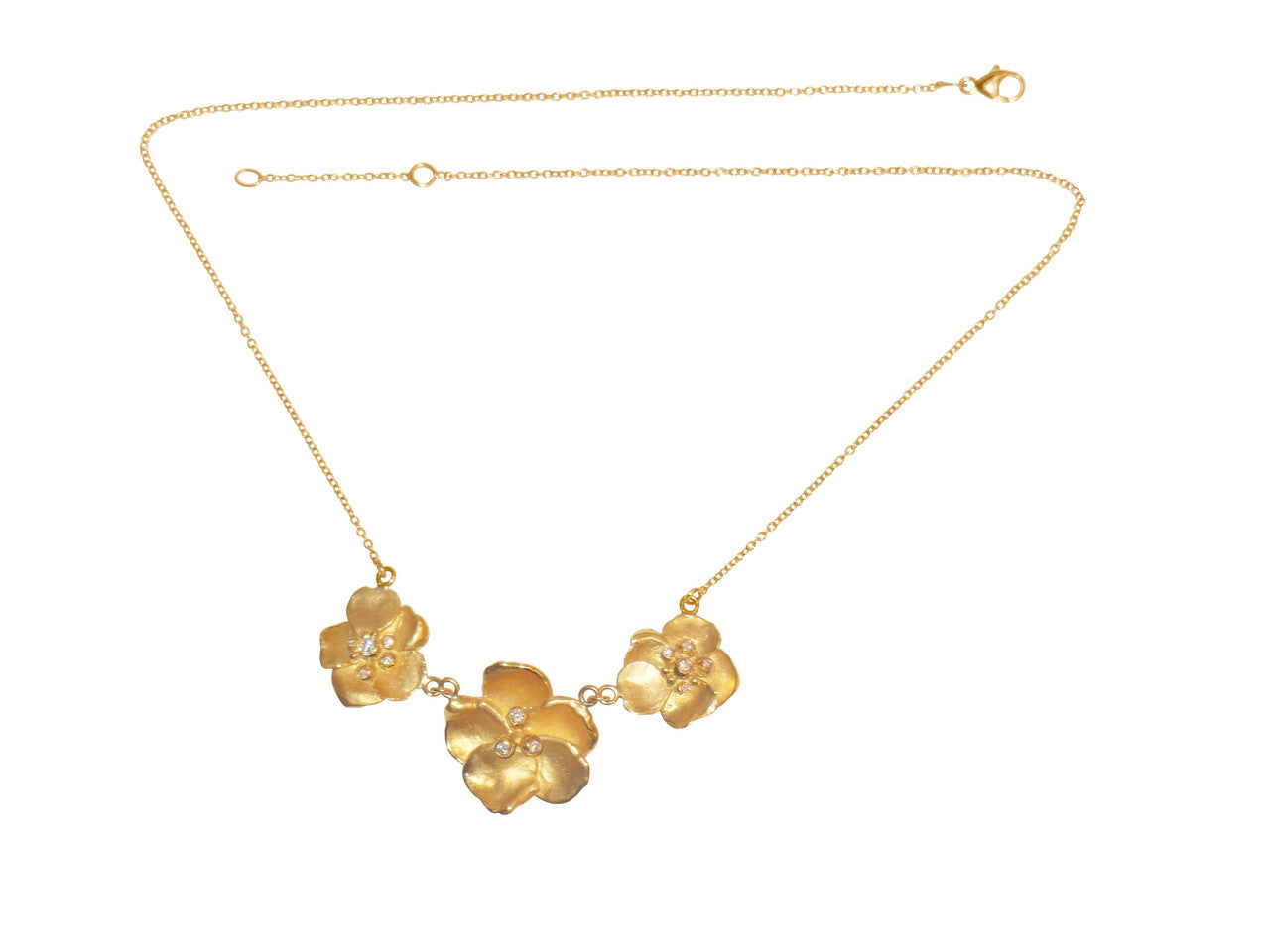 Metal Petals- Three Pansy Necklace-14K Gold with Diamond Center