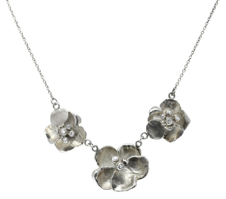 Metal Petals- Three Pansy Necklace-14K Gold with Diamond Center