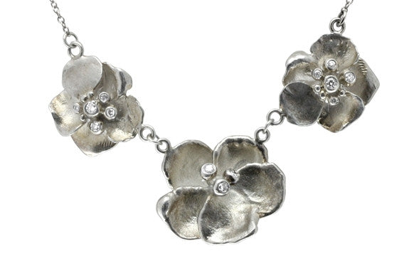 Metal Petals- Three Pansy Necklace-14K Gold with Diamond Center