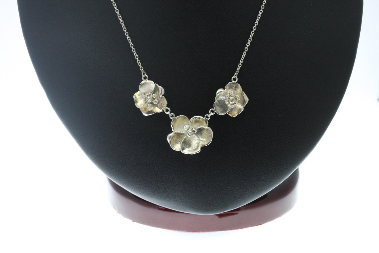 Metal Petals- Three Pansy Necklace-14K Gold with Diamond Center