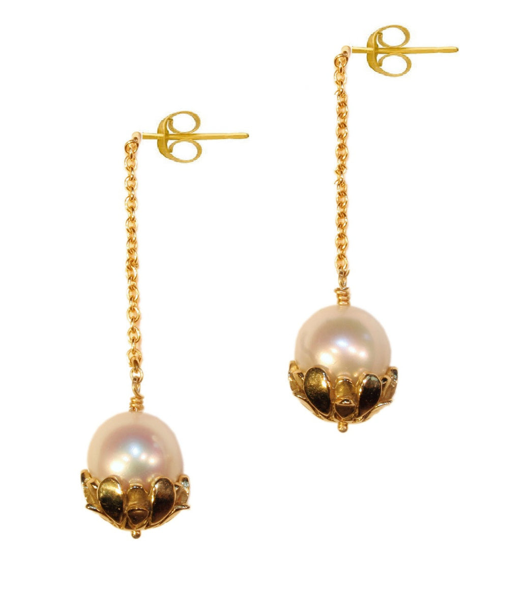 Pearl Drop Earrings-Flower caps in 18K gold with pearls.