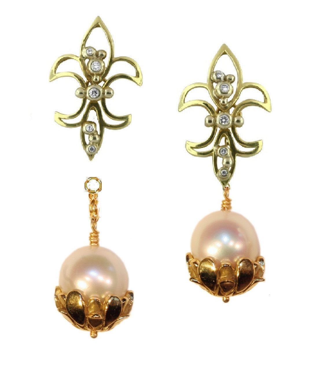 Pearl Drop Earrings-Flower caps in 18K gold with pearls.