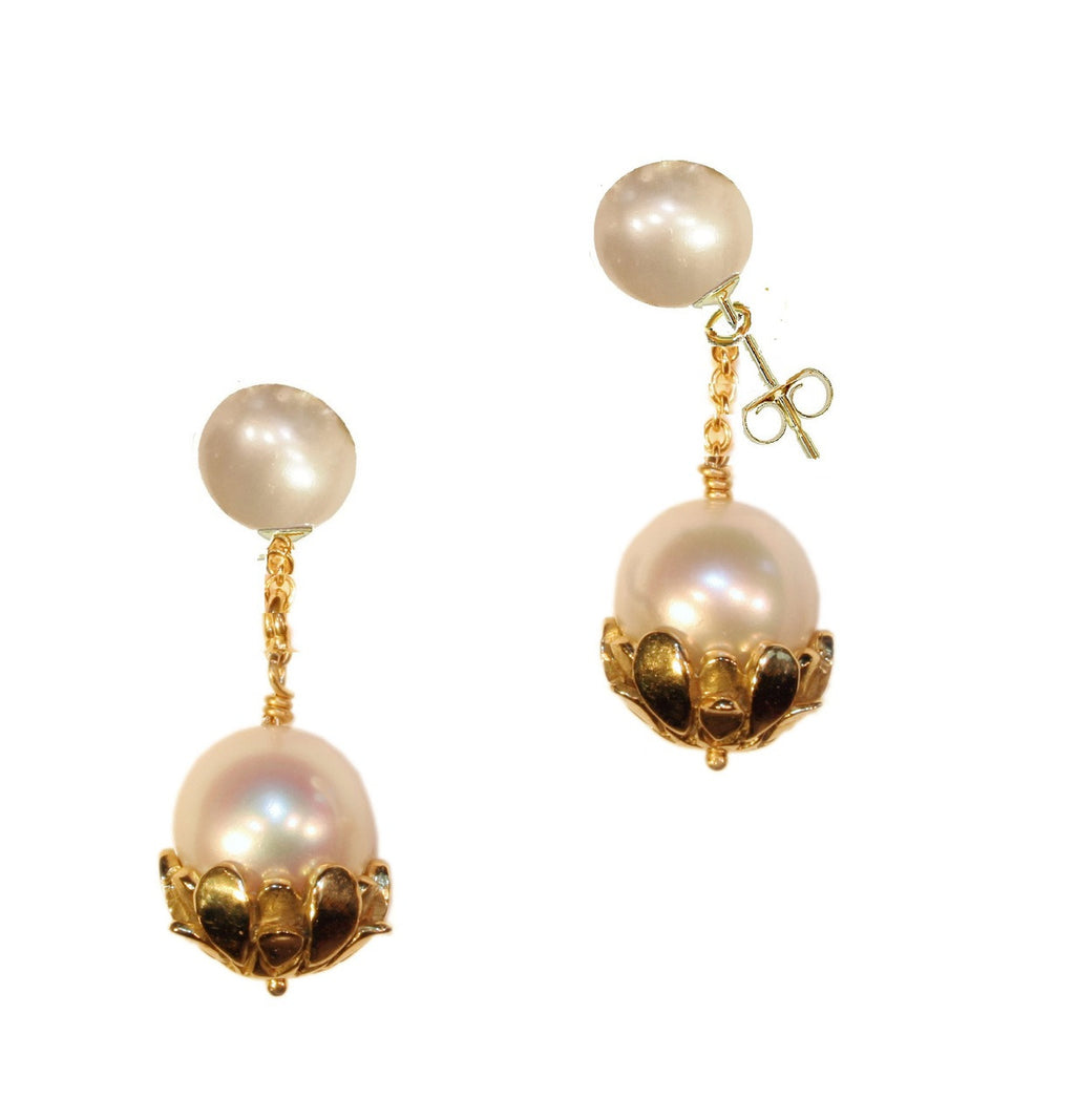 Pearl Drop Earrings-Flower caps in 18K gold with pearls.