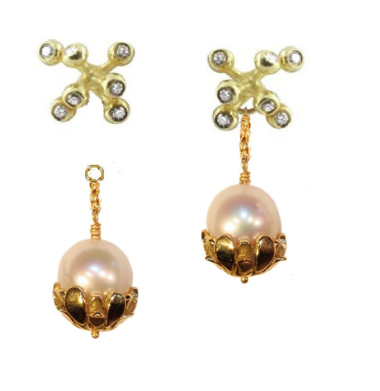 Pearl Drop Earrings-Flower caps in 18K gold with pearls.