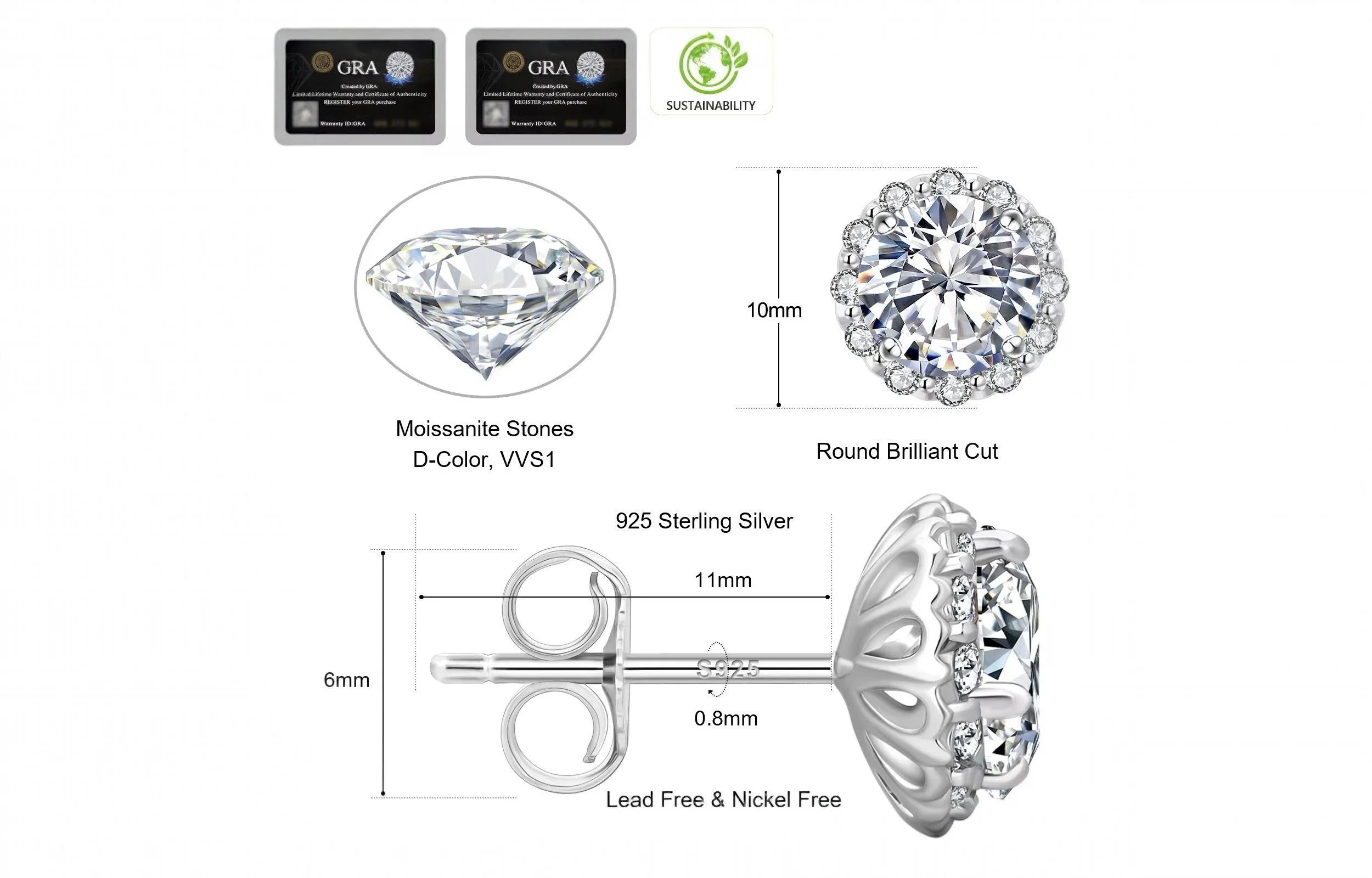 2 Carat Moissanite Diamond Stud Earrings – 925 Sterling Silver