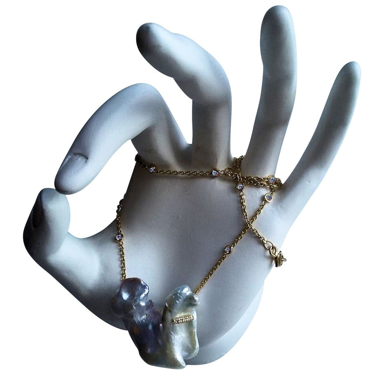 Jumbo Poodle Shaped Pearl Necklace-Once in a Lifetime-Diamonds & 18K Gold Collar and Chain.