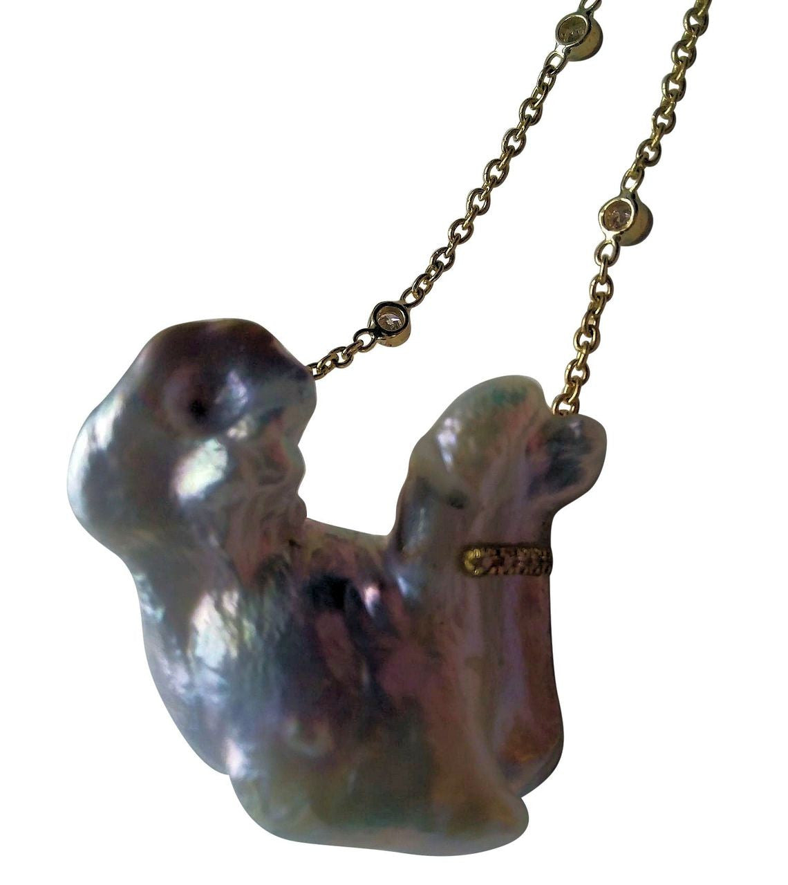 Jumbo Poodle Shaped Pearl Necklace-Once in a Lifetime-Diamonds & 18K Gold Collar and Chain.