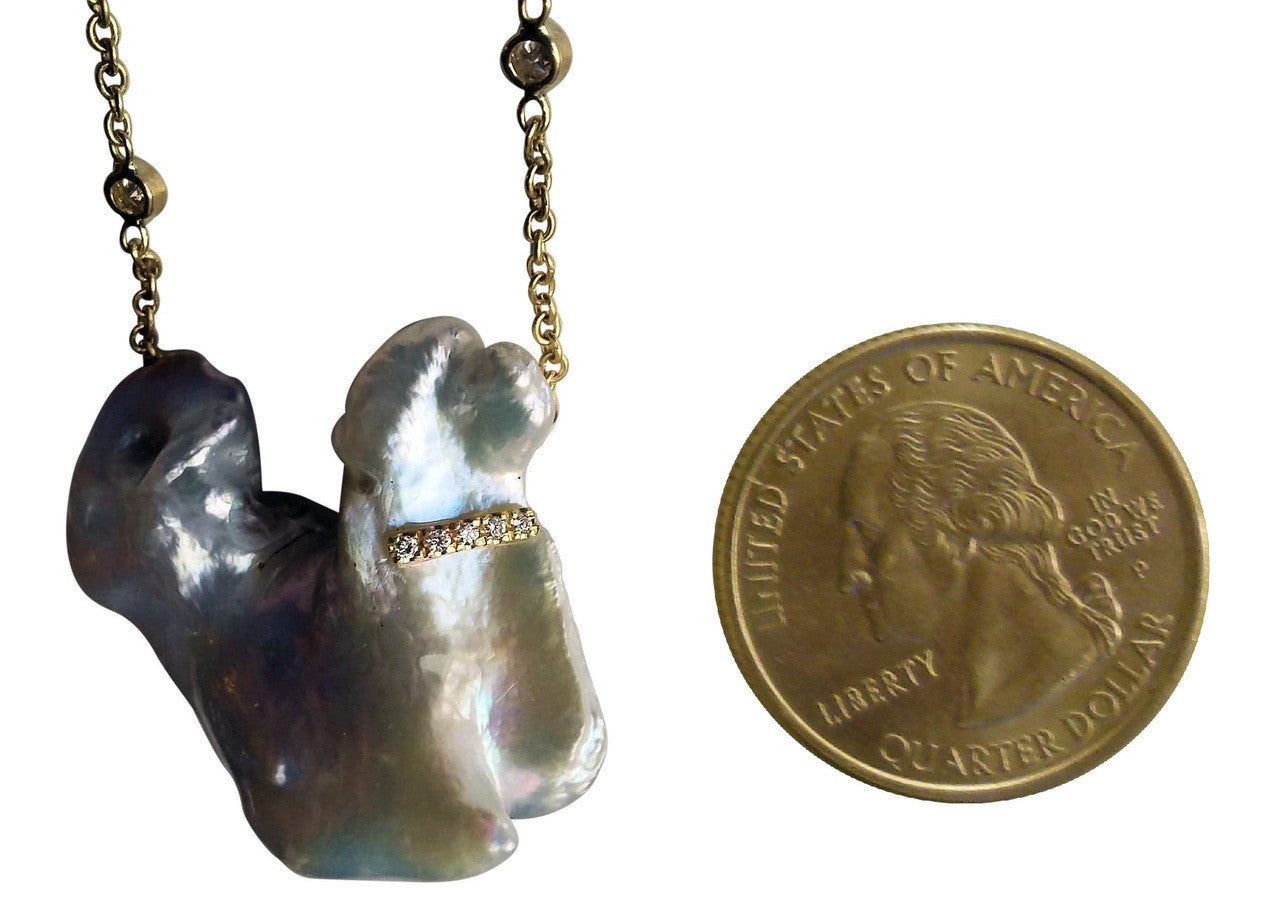 Jumbo Poodle Shaped Pearl Necklace-Once in a Lifetime-Diamonds & 18K Gold Collar and Chain.