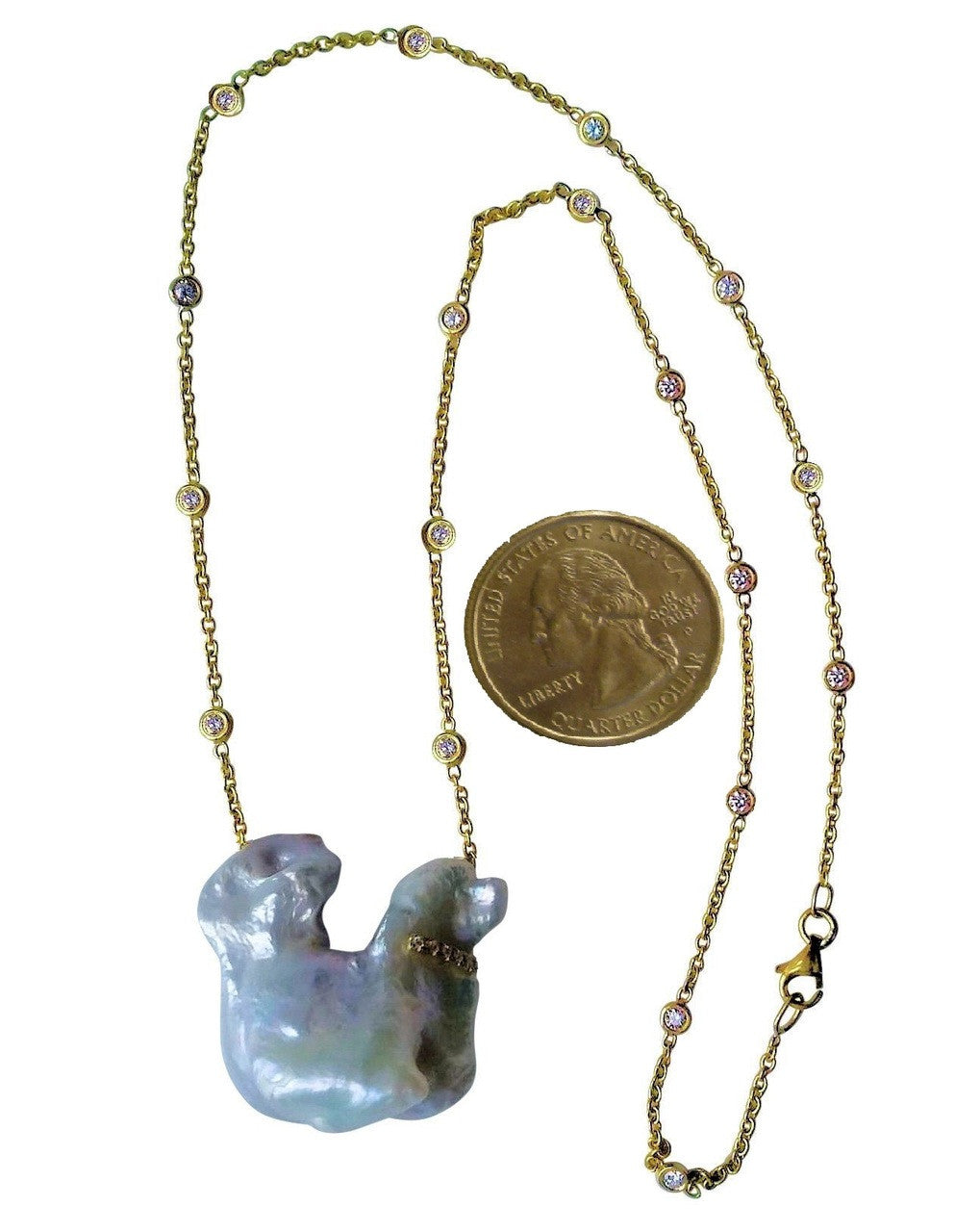 Jumbo Poodle Shaped Pearl Necklace-Once in a Lifetime-Diamonds & 18K Gold Collar and Chain.