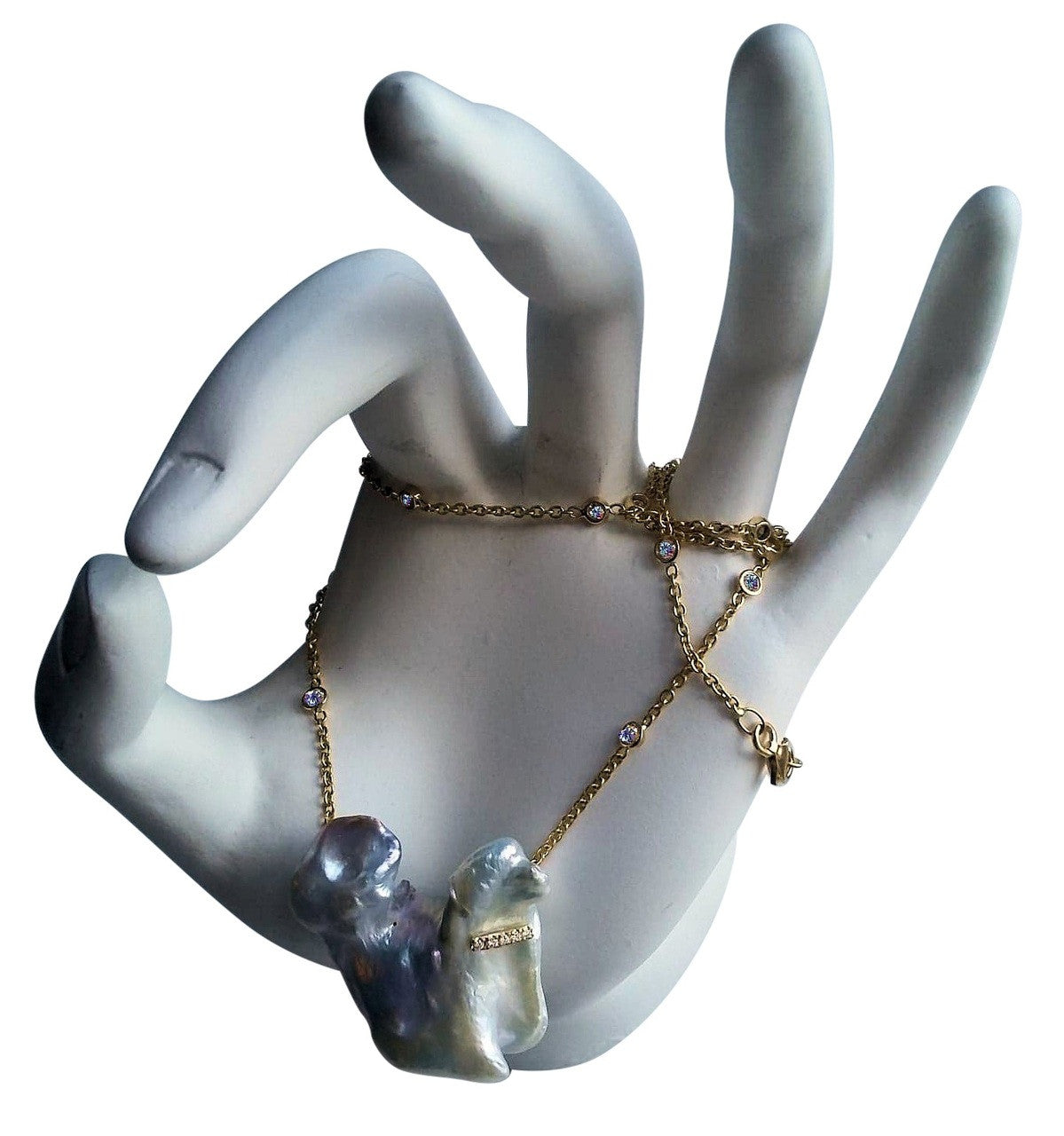 Jumbo Poodle Shaped Pearl Necklace-Once in a Lifetime-Diamonds & 18K Gold Collar and Chain.