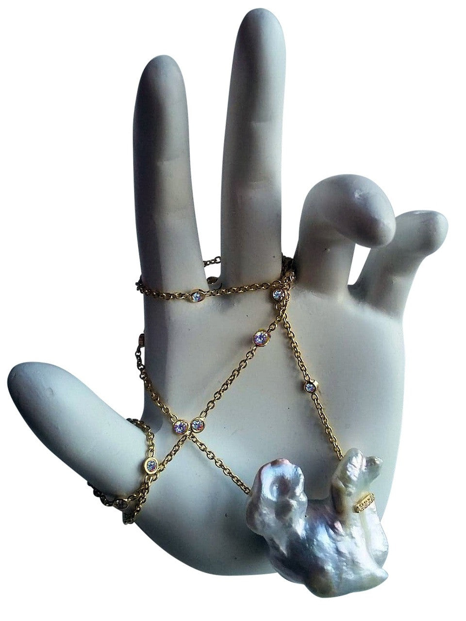 Jumbo Poodle Shaped Pearl Necklace-Once in a Lifetime-Diamonds & 18K Gold Collar and Chain.