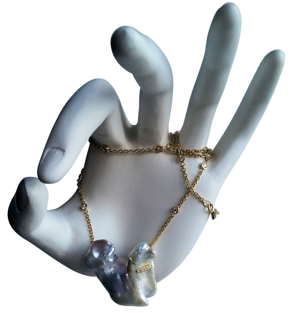 Jumbo Poodle Shaped Pearl Necklace-Once in a Lifetime-Diamonds & 18K Gold Collar and Chain.