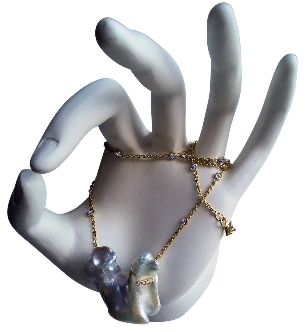 Jumbo Poodle Shaped Pearl Necklace-Once in a Lifetime-Diamonds & 18K Gold Collar and Chain.