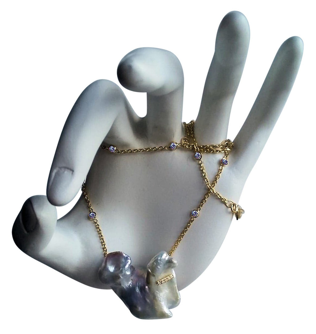 Jumbo Poodle Shaped Pearl Necklace-Once in a Lifetime-Diamonds & 18K Gold Collar and Chain.