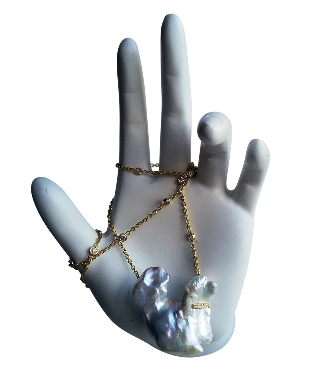 Jumbo Poodle Shaped Pearl Necklace-Once in a Lifetime-Diamonds & 18K Gold Collar and Chain.