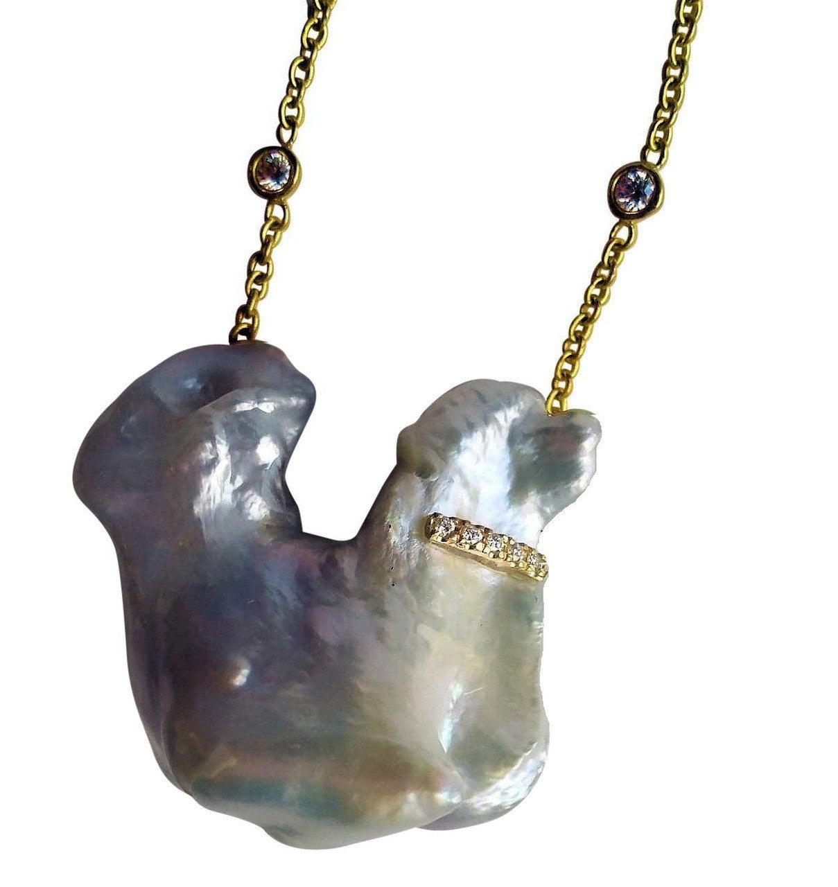 Jumbo Poodle Shaped Pearl Necklace-Once in a Lifetime-Diamonds & 18K Gold Collar and Chain.