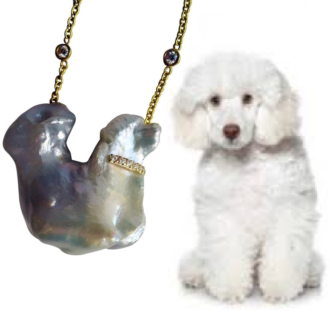 Jumbo Poodle Shaped Pearl Necklace-Once in a Lifetime-Diamonds & 18K Gold Collar and Chain.