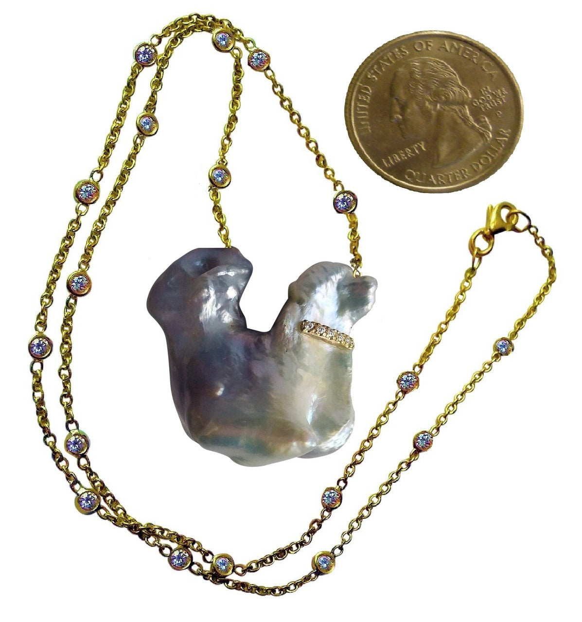 Jumbo Poodle Shaped Pearl Necklace-Once in a Lifetime-Diamonds & 18K Gold Collar and Chain.