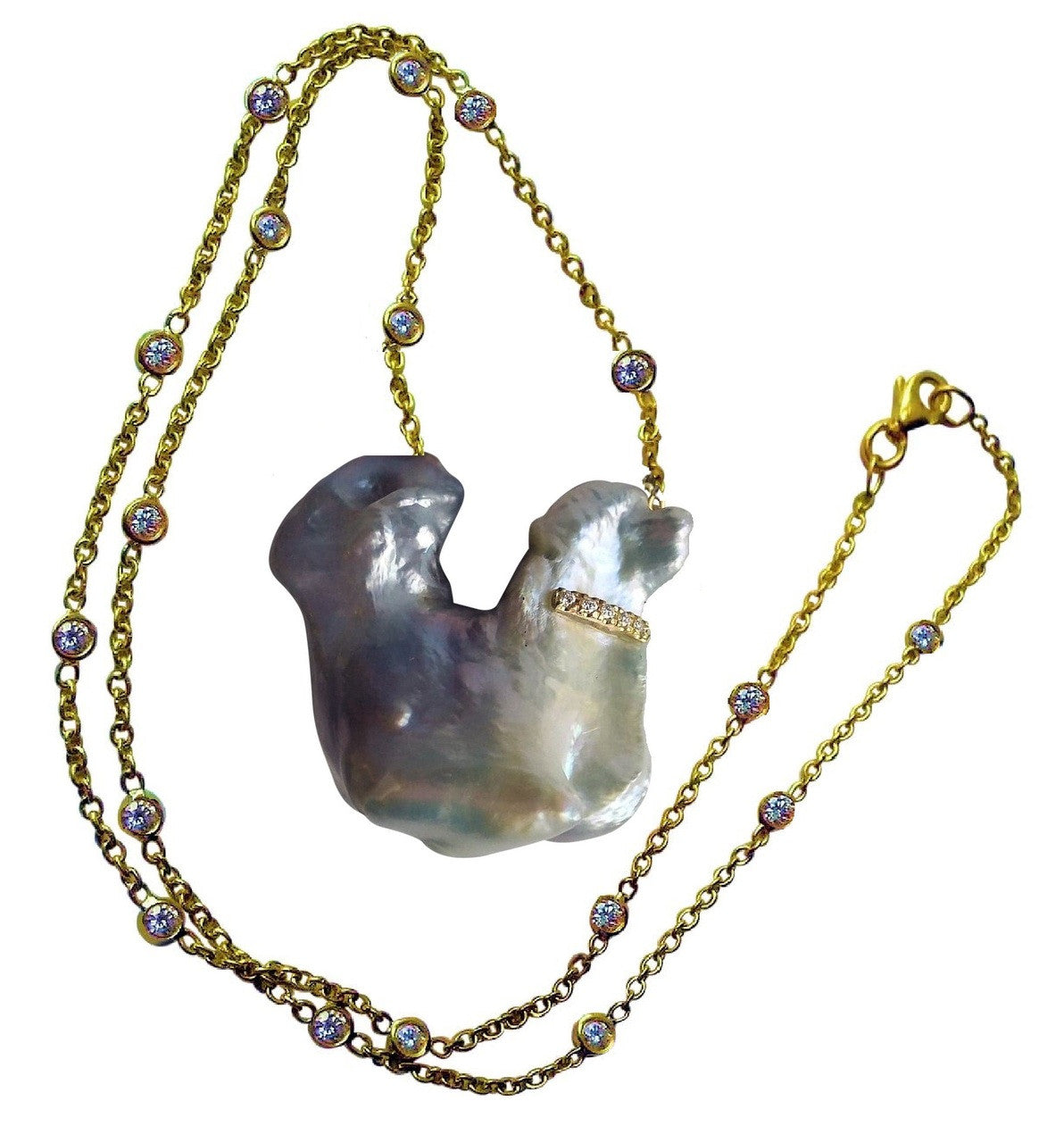 Jumbo Poodle Shaped Pearl Necklace-Once in a Lifetime-Diamonds & 18K Gold Collar and Chain.