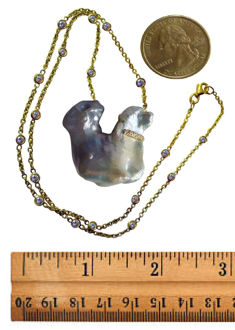 Jumbo Poodle Shaped Pearl Necklace-Once in a Lifetime-Diamonds & 18K Gold Collar and Chain.