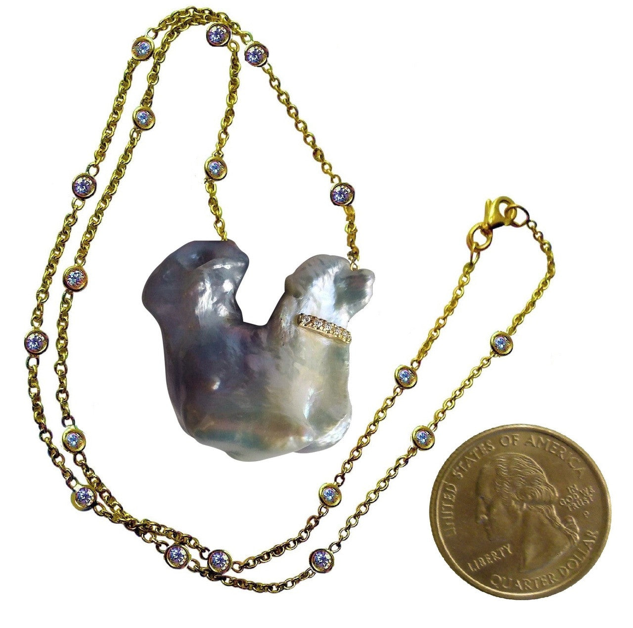 Jumbo Poodle Shaped Pearl Necklace-Once in a Lifetime-Diamonds & 18K Gold Collar and Chain.