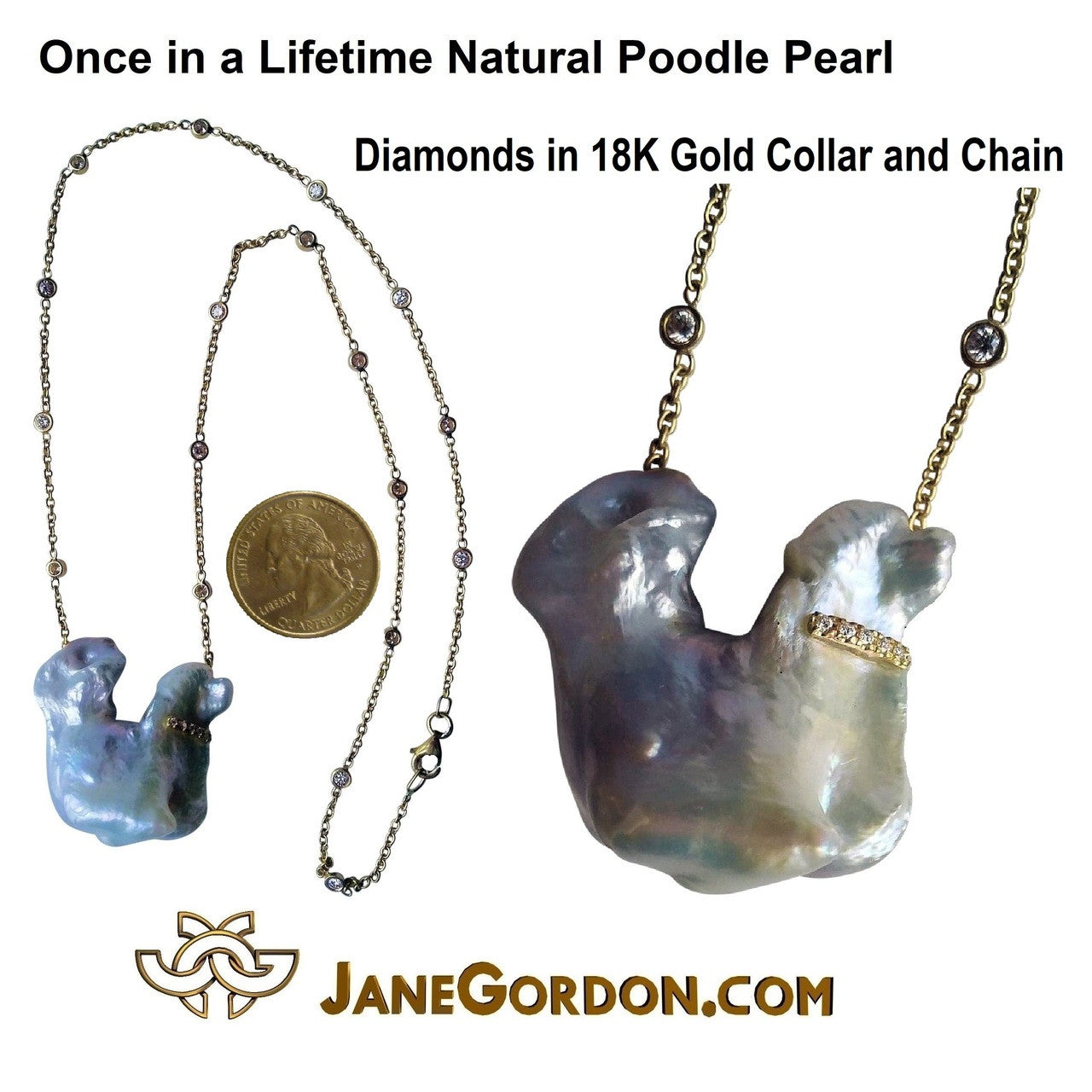 Jumbo Poodle Shaped Pearl Necklace-Once in a Lifetime-Diamonds & 18K Gold Collar and Chain.