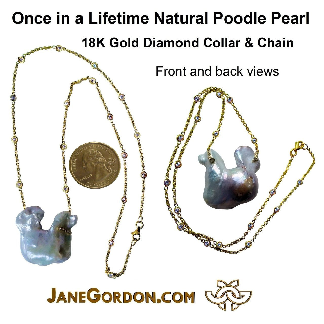 Jumbo Poodle Shaped Pearl Necklace-Once in a Lifetime-Diamonds & 18K Gold Collar and Chain.