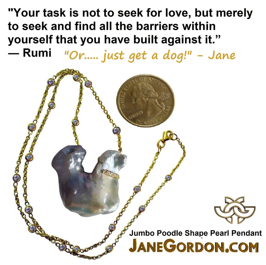 Jumbo Poodle Shaped Pearl Necklace-Once in a Lifetime-Diamonds & 18K Gold Collar and Chain.